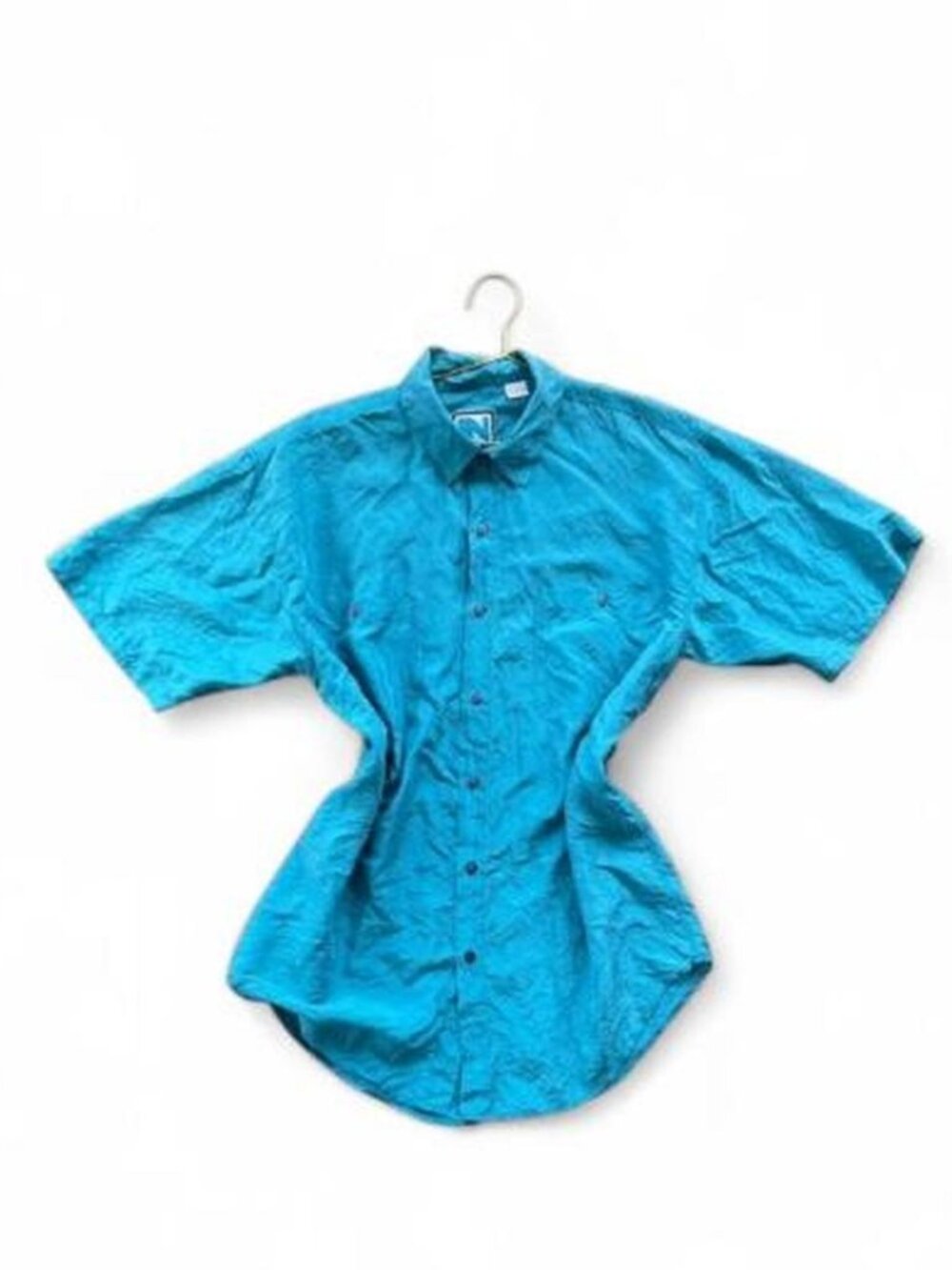 Vintage 90s Teal Silk Button-Up Blouse – Relaxed Fit Minimalist Top (L)